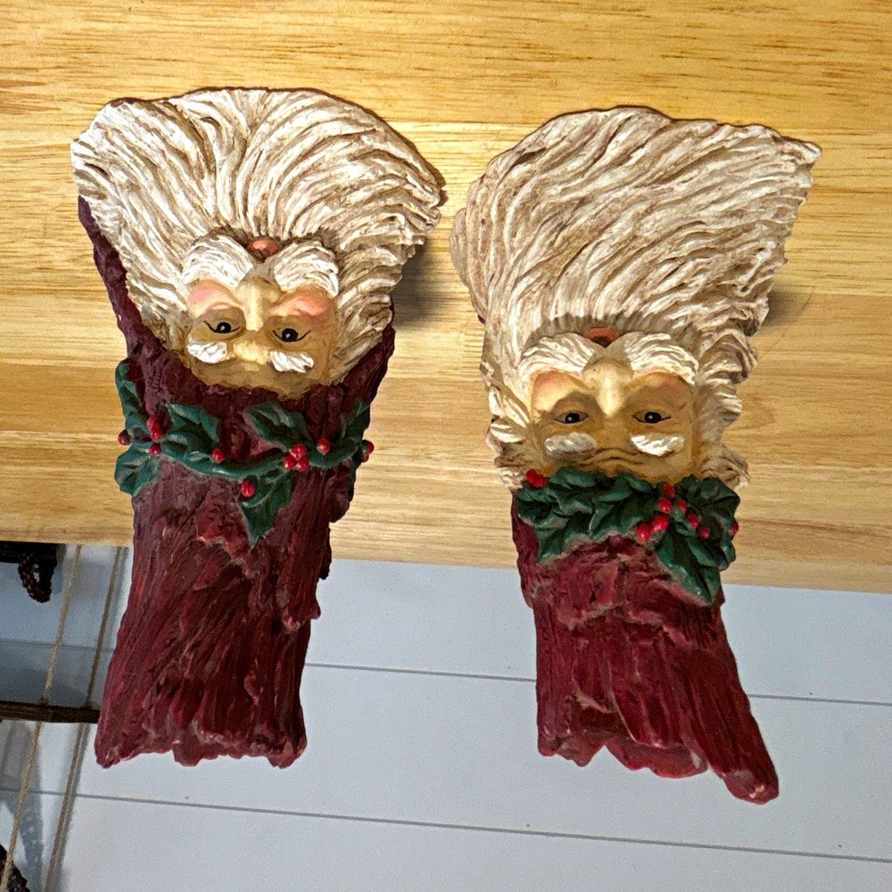 Set of 2 Santa Resin Candle Stick Holders Burgundy Log Stump Painted